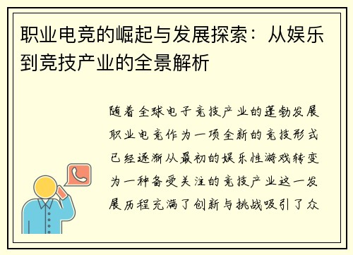 职业电竞的崛起与发展探索：从娱乐到竞技产业的全景解析