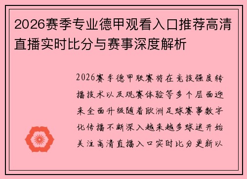2026赛季专业德甲观看入口推荐高清直播实时比分与赛事深度解析